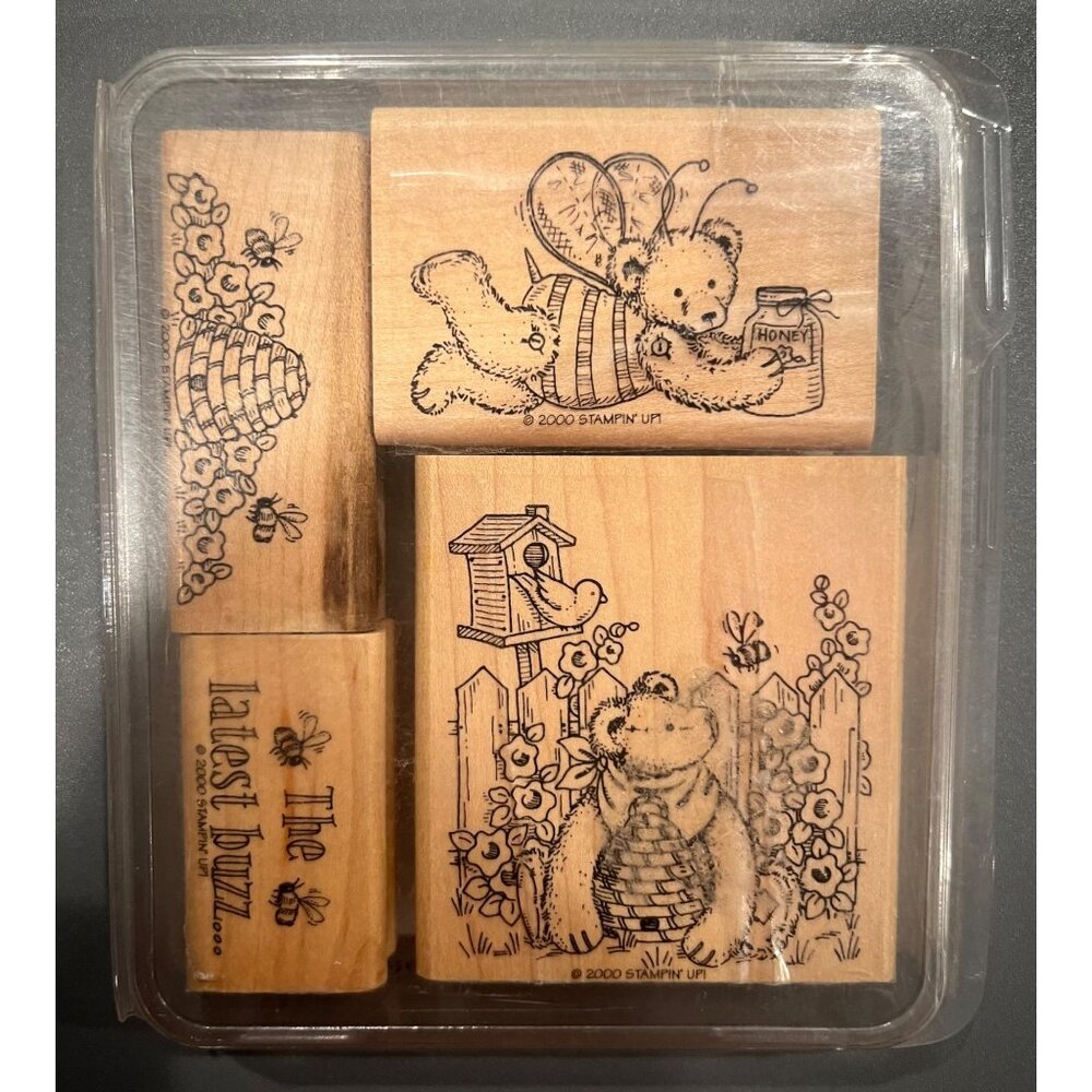 Stampin’ Up! Honey Honey Bear Wooden Block Stamps Retired 4 Total‎ With Case